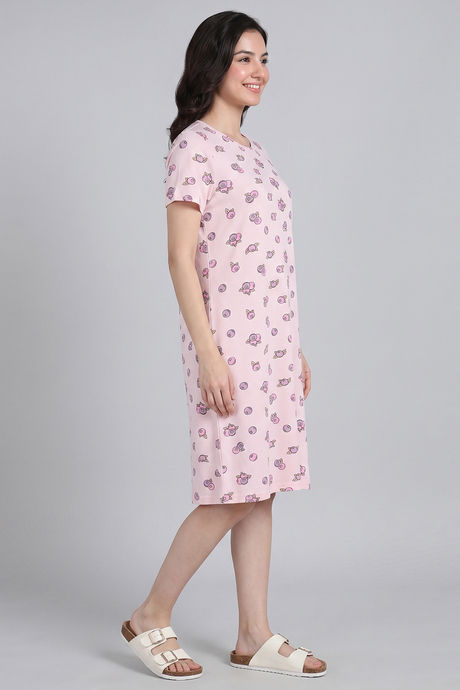 Zivame Farm Lore Knit Cotton Knee Length Nightdress - Light Pink — image 3